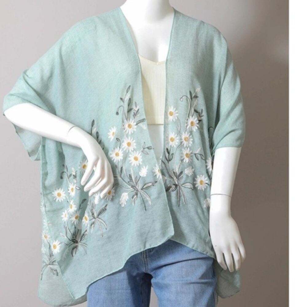 Embroidered Daisy Kimono Wrap Shawl Boho Floral Sage Green